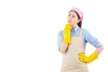 lady thinking cleaning woman looking pensive