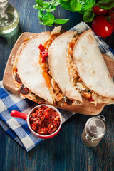 Mexican Quesadilla with chicken, sausage chorizo and red pepper