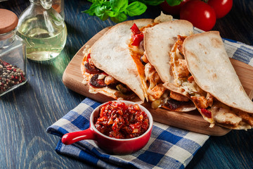 Mexican Quesadilla with chicken, sausage chorizo and red pepper