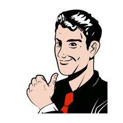 pop art man thumb up like with red tie vector illustration