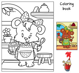 Obraz premium Little bear girl in apron with a barrel of honey and a spoon. Coloring book. Cartoon vector illustration