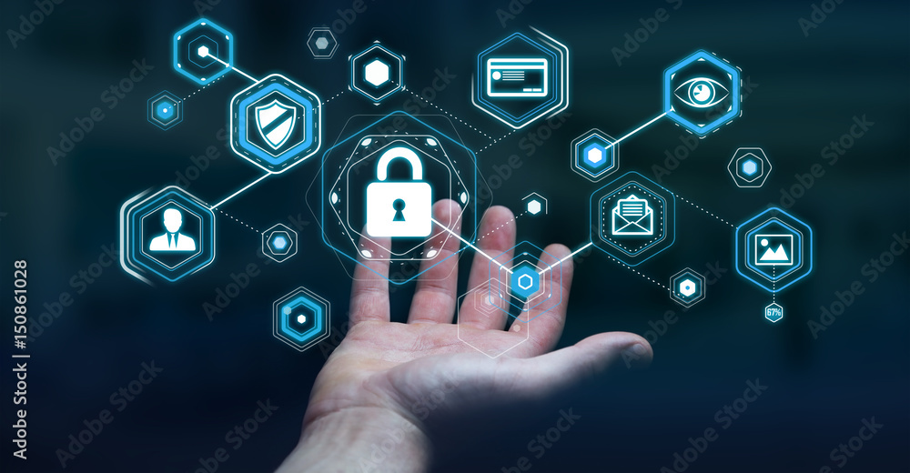 Aufkleber businessman using antivirus to block a cyber attack 3d rendering