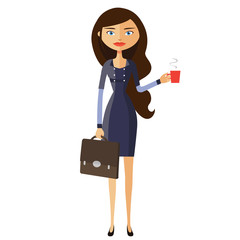 Businesswoman with a cup of tea and teapot vector flat cartoon illustration.