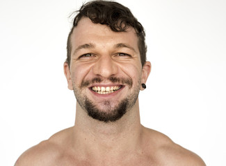 Man bare chest naked smiling studio portrait