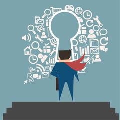 Business man on step to finding his his keyword for money planing 