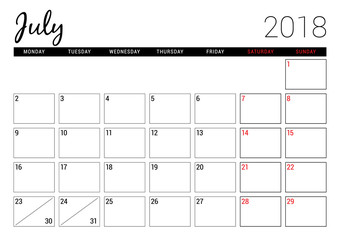 July 2018. Printable calendar planner design template. Week starts on Monday. Stationery design