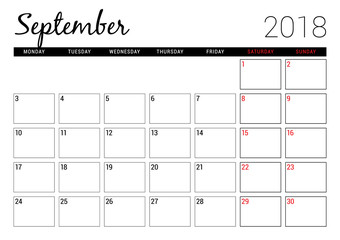 September 2018. Printable calendar planner design template. Week starts on Monday. Stationery design