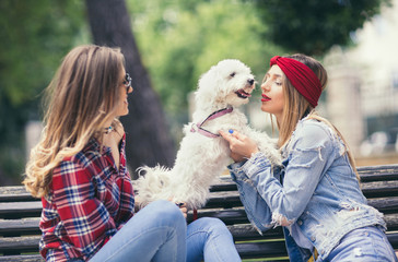 Two pretty girls playing with cute puppy in the park