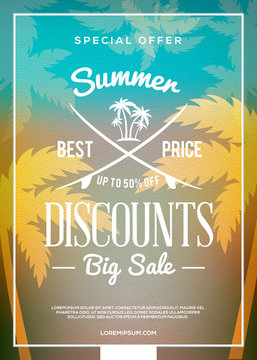 Summer sale flyer or banner. Summer discount label. Typography retro style label. Vector design template with colorful abstract background