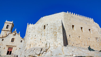 Wide view of Peñiscola castle wall and church, Castellon, Spain