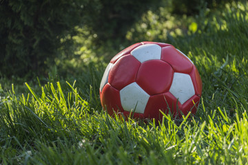 Football on the lawn. Red white ball on green grass.