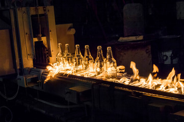 plant for the production of glass bottles. glass bottles on a conveyor belt with fire