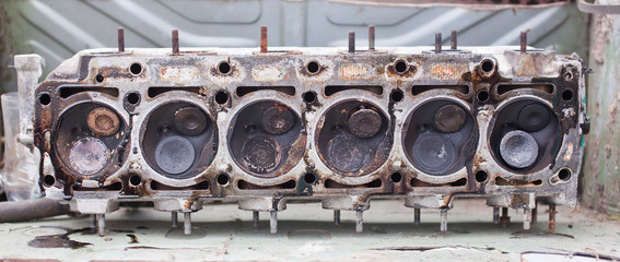 Close-up the head of a six-cylinder engine