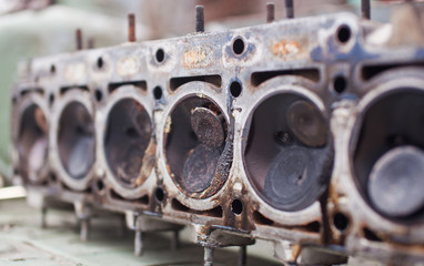 Close-up the head of a six-cylinder engine