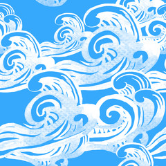 Endless watercolor background, seamless pattern with swirls and waves of the sea.