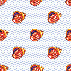 Vector ocean pattern. Seamless texture with hand drawn doodle sea decorative seashell and waves silhouette. Vector marine tropical background. Underwater travel vacation collection.
