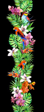 Tropical leaves, orchid flowers, exotic birds. Repeating exotic border frame.