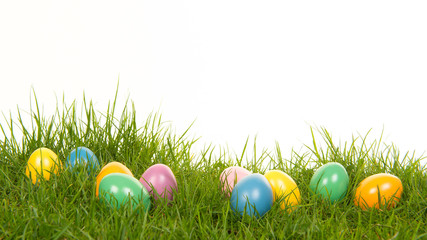 Colored easter eggs lying in the grass on a white background