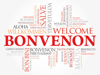 Bonvenon (Welcome in Esperanto) word cloud in different languages, conceptual background