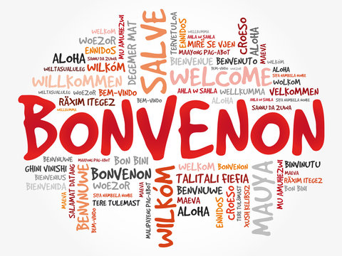 Bonvenon (Welcome in Esperanto) word cloud in different languages, conceptual background