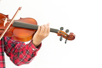 Young man playing violin in isolated white background.