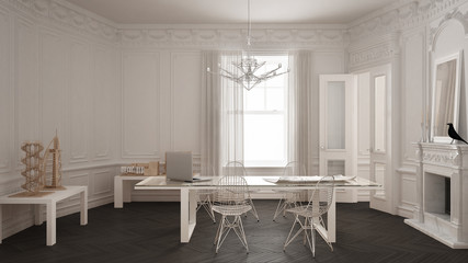 Modern minimalist office in classic vintage room with fireplace, luxury white and gray interior design