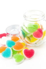 Heart candies coated with sugar, heart colorful sweet candies, sugar heart shaped candy