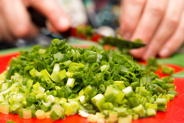 Cook cuts green onions with a knife