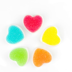 Heart candies coated with sugar, heart colorful sweet candies, sugar heart shaped candy