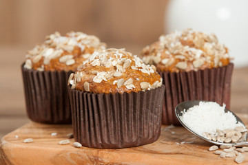 Home Baked Superfood Muffins With Chia Seeds, Banana, Honey, Coconut, Oats.