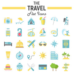 Travel flat icon set, tourism symbols collection, transportation vector sketches, logo illustrations, colorful pictograms package isolated on white background, eps 10.