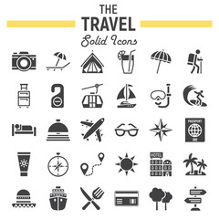 Travel solid icon set, tourism symbols collection, transportation vector sketches, logo illustrations, filled pictograms package isolated on white background, eps 10.