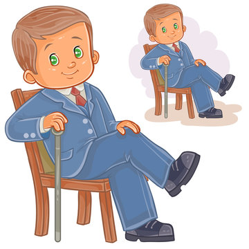 Vector illustration of a little boy dressed in retro suit sitting on a chair and holding a cane in his hand. Print, template, design element