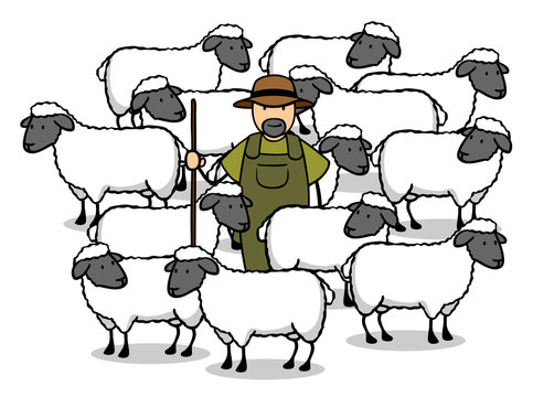 Schäfer in einer Herde Schafe