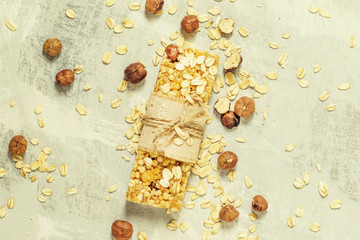Muesli bar with nuts, top view