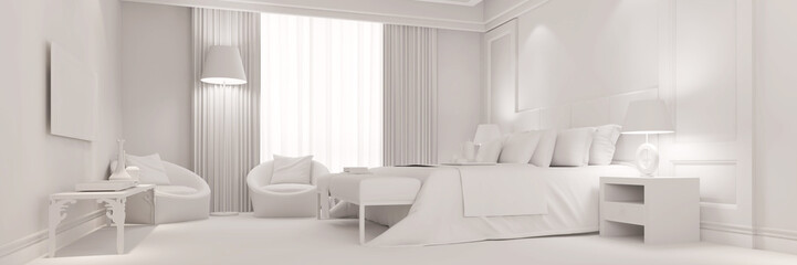 Panorama vom weißen Schlafzimmer - obrazy, fototapety, plakaty