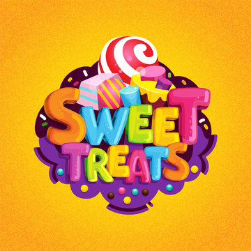 Sweet treats. Cartoon vector logo. Isolated illustration color letters and sweet candy. Decorating a children's birthday party