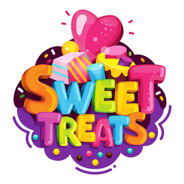 Sweet treats. Cartoon vector logo. Isolated illustration color letters and sweet candy. Decorating a children's birthday party.