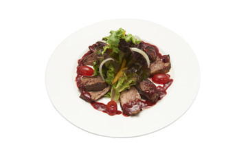 Isolated and clipping path of smoked duck breast salad with red sauce.