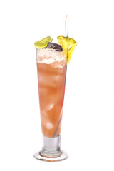 Close up of glass with non alcohol cocktail with lime and pineapple.