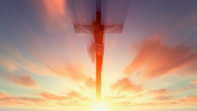 Jesus cross against heavenly red sky with pigeons flying
