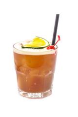 Close up of glass with alcohol cocktail with rum, juice lime and cherry.