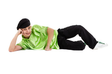 young man wearing a folk costume dancing against isolated white background with copyspace