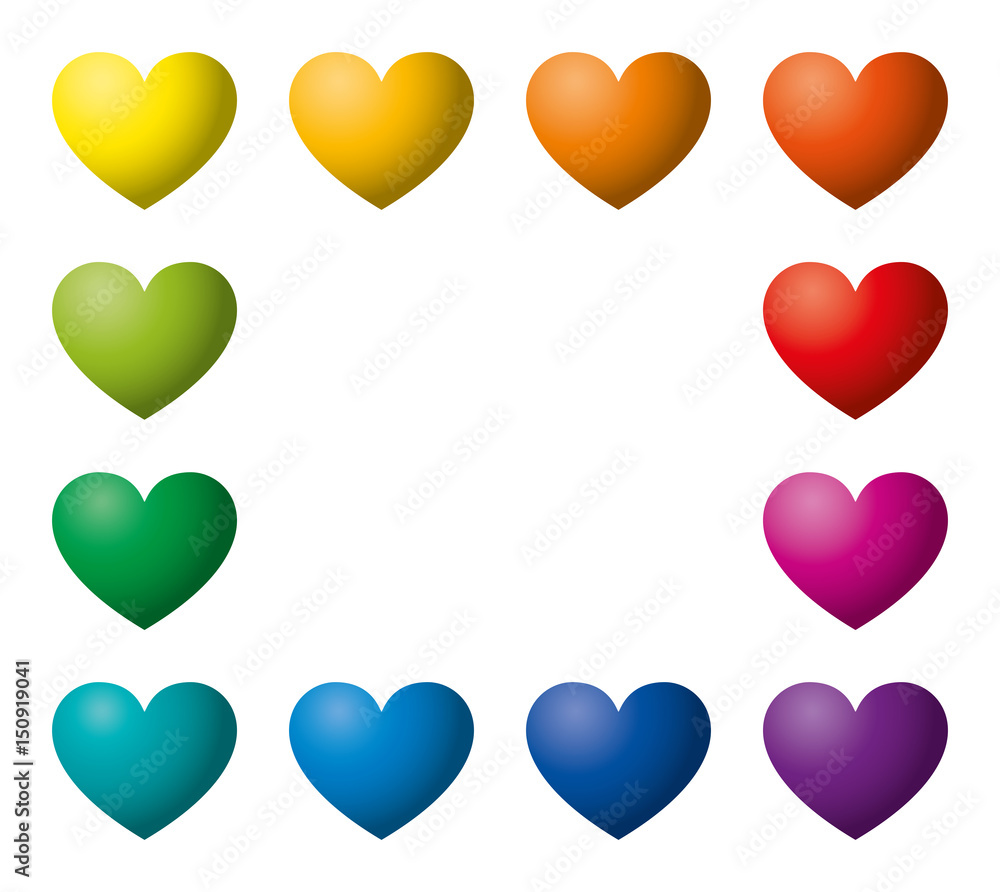 Poster twelve rainbow color hearts in a rectangle shape. heart symbols in twelve unique color hues. isolate