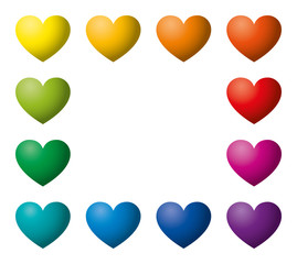 Twelve rainbow color hearts in a rectangle shape. Heart symbols in twelve unique color hues. Isolated illustration on white background. Vector.
