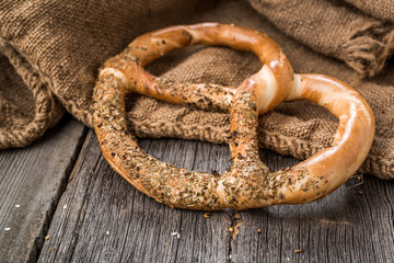 German pretzels on wooden table