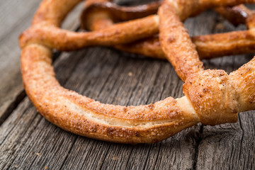 German pretzels on wooden table