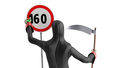 Concept of dangerous excess speed Death drawing a figure on a speed limit sign 3d render background