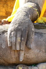 close-up ruined ancient buddha statue hand at Sukkothai, Thailand, broken, damaged, buddha, finger missing