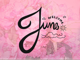 Welcome June word lettering on pink rose background